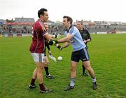 10 April 2011; Galway captain Finian Hanley, left, and Dublin captain Bryan Cullen shake hands before the game. Allianz Football League, Division 1, Round 7, Galway v Dublin, Pearse Stadium, Salthill, Galway. Picture credit: Ray McManus / SPORTSFILE