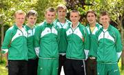 11 July 2011; Members of the Irish squad who will compete in athletics, from left, Sean Tobin, 3000m, Ben Kiely, 400m, Marcus Lawler, 200m, Matthew Martin, Javelin, Karl Griffin, 800m, Greg O'Shea, 100m, and Ruairi Finnegan, 1500m, as the team get together for final preparations ahead of the European Youth Olympic Festival. The Olympic Council of Ireland will be sending the largest team ever, in excess of 60 athletes will compete in 5 sports, Athletics, Cycling, Gymnastics, Swimming and Tennis with a realistic hope of medal success. The European Youth Olympic Festival will take place from the 23rd to the 29th July in Trabzon, Turkey and is a stepping stone for athletes to compete in the Summer Olympic Games in future years. Irish Team for European Youth Olympic Festival, Howth, Dublin. Picture credit: Brendan Moran / SPORTSFILE