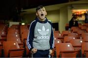 11 February 2017; A young boxing fan cheers during the 2016 IABA Elite Boxing Championships at the National Stadium in Dublin. Photo by Cody Glenn/Sportsfile