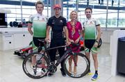 13 July 2011; Formula 1 star Jenson Button, second from left, pictured with elite Irish triathletes Gavin Noble, Bryan Keane and Vodafone Ireland Business and Enterprise Director Anne O’Leary during their visit to Vodafone McLaren headquarters at Surrey, England. Images issued on behalf of Vodafone by SPORTSFILE