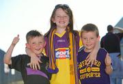 13 July 2011; Wexford fans Harry Goff, age 5, from Ferns, Co. Wexford, Jennifer O'Donoghue, age 8, and Eamon Kehoe, age 5, from Cloughbawn, Co. Wexford, show their support before the game. Bord Gais Energy Leinster GAA Hurling Under 21 Championship Final, Wexford v Dublin, Wexford Park, Wexford. Picture credit: Barry Cregg / SPORTSFILE