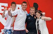 14 July 2011; St Patrick's Athletic supporters, from left, brothers Glenn and Greg Rooney, from Shancastle, Clondalkin, Dublin, with Mikey and Shannen Doran, from St. Mark's, Tallaght, Dublin, following their side's 2-1 defeat to FC Shakhter Karagandy in the 1st Leg of their UEFA Europa League Second Qualifying Round game. Richmond Park, Inchicore, Dublin. Picture credit: Barry Cregg / SPORTSFILE