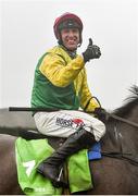 12 February 2017; Jockey Robbie Power celebrates after winning the Stan James Irish Gold Cup on Sizing John at Leopardstown. Leopardstown, Co. Dublin.  Photo by Cody Glenn/Sportsfile