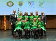 11 February 2017; The St Killian’s GAC, Whitecross, team, representing Armagh and Ulster, who won the Rince Foirne competition, back row, from left, Cailíosa Ní Dhúill, Lara McKevitt, Sarah Gahan and Amy O’Callaghan. Front row, from left, Ciara McCann, Eimear O’Hanlon, Orlagh McKenna and Siofra McGuinness are presented with their medals and trophy by Antóin Mac Gabhann, Cathaoirleach Coiste Naisiúnta Scór, left, and Michael Hasson, Uachtarán Comhairle Uladh, at the Scór na nÓg Final 2017 at Waterfront Hotel in Belfast, Antrim. Photo by Piaras Ó Mídheach/Sportsfile