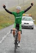 17 July 2011; Darragh Zaidan, Stena Line Ireland, celebrates as he crosses the finish line to win Stage 6 of the International Junior Tour of Ireland, Castlebar - Windygap, Co. Mayo. Picture credit: Stephen McMahon / SPORTSFILE