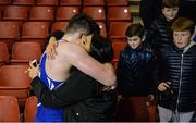 11 February 2017; Thomas Carty, of Glasnevin, is hugged by girlfriend Shannon Forrester after defeating Bernard O’Reilly of Portlaoise in their 91+kg bout during the 2016 IABA Elite Boxing Championships at the National Stadium in Dublin. Photo by Cody Glenn/Sportsfile