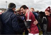 11 February 2017;Christopher McKaigue of Slaughtneil celebrates with supporters after the game in the AIB GAA Football All-Ireland Senior Club Championship semi-final match between Slaughtneil and St Vincent's at Páirc Esler in Newry. Photo by Oliver McVeigh/Sportsfile