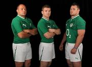 21 July 2011; Ireland's Rory Best, Gordon D'Arcy and Cian Healy in the new PUMA Ireland Rugby kit. PUMA and IRFU Launch New Kits, Carton House, Maynooth, Co. Kildare. Picture credit: Stephen McCarthy / SPORTSFILE