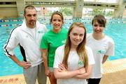 22 July 2011; Ireland swimmers, from left, Barry Murphy, Drumcondra, Dublin, 50m & 100m Freestyle, 50m & 100m Breaststroke, Melanie Nocher, Hollywood, Co. Down, 100m & 200m Backstroke, 200m Freestyle, Sycerika McMahon, Portaferry, Co. Down, 50m &100m Breaststroke,100m Butterfly,400m Freestyle, and Clare Dawson, from Bangor, Co. Down, Women's 100m Freestyle, 4x200m Freestyle Relay, ahead of the first day of competition which is Sunday 24th. 2011 FINA World Long Course Championships, Sheraton Shanghai Hotel & Residences, Pudong, Shanghai, China. Picture credit: Brian Lawless / SPORTSFILE