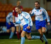 1 March 2002; Tommy McCallion of Derry City celebrates after scoring his side's first goal during eircom League Premier Division match between Shelbourne and Derry City at Tolka Park in Dublin. Photo by David Maher/Sportsfile