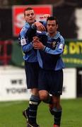 3 March 2002; John Martin of UCD, right, celebrates with team-mate Robbie Martin, after scoring a goal for his side during the eircom League Premier Division match between Shamrock Rovers and UCD at Tolka Park in Dublin. Photo by Brian Lawless/Sportsfile