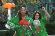 7 March 2002; Models Corinna Grant, right, and Gail Kaneswaren, with football fan Johnny Murphy pictured at the launch of the National Lottery's new World Cup game 'Ole Ole'. Photo by Damien Eagers/Sportsfile