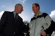 1 March 2002; President of the Olympic Council of Ireland, Pat Hickey, left, and Clifton Wrottesley of Ireland, who finished in 4th place in the Men's Skeleton finals at the 2002 Winter Olympics Games, in Salt Lake City, Utah, United States. Photo by Brendan Moran/Sportsfile