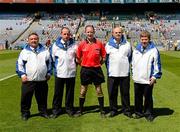 8 June 2013; Referee Liam McAuley, centre, along with umpires, from left, Cormac O'Loane, Fergus Miskelly, Gareth Brown, and Seamus McAleenan prior to the Lory Meagher Cup Final match between Longford and Warwickshire at Croke Park in Dublin. Photo by Oliver McVeigh/Sportsfile