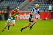 11 June 2013; Eamon Dillon of Dublin in action against David Galway of Carlow during the Bord Gáis Energy Leinster GAA Hurling Under 21 Championship match between Dublin and Carlow at Parnell Park in Dublin. Photo by Barry Cregg/Sportsfile