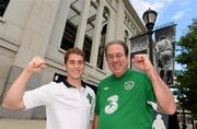 11 June 2013; Republic of Ireland supporters Brian McDonagh, from Galway, with his father Brian Snr, outside the stadium prior to the International Friendly match between Republic of Ireland and Spain at Yankee Stadium in The Bronx, New York, USA. Photo by David Maher/Sportsfile