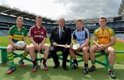 13 June 2013; The GAA's Coiste na Gaeilge today confirmed that some of the association's top hurlers and footballers have agreed to participate in a campaign to raise awareness of the close ties between the GAA and the language and to try to encourage more people to speak whatever 'Gaeilge' they have. In attendance at the GAA Coiste na Gaeilge Irish Language Promotion are, from left, Kerry footballer Marc Ó Sé, Galway hurler Joe Canning, Uachtarán Chumann Lúthchleas Gael Liam Ó Néill, Dublin dual player Ciarán Kilkenny and Donegal footballer Neil McGee. Croke Park. Photo by Barry Cregg/Sportsfile