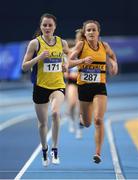 18 February 2017; Ciara Mageean, UCD, AC, Dublin, leads Michelle Finn, Leevale AC, Cork, on her way to winning the Women's 3000m Final during the Irish Life Health National Senior Indoor Championships at the Sport Ireland National Indoor Arena in Abbotstown, Dublin. Photo by Brendan Moran/Sportsfile