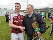 18 February 2017; Brian McGrath of Our Lady's Templemore celebrates with his father Pat McGrath after the Dr. Harty Cup Final match between Our Lady's Templemore and St. Colman's Fermoy at the Gaelic Grounds in Limerick. Photo by Diarmuid Greene/Sportsfile