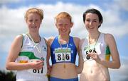 23 July 2011; Kate Veale, centre, West Waterford A.C., Co. Waterford, winner of the U-18 Girl's 3000m Walk, where she set a new national record time of 12:18.86, stands on the podium with Marie Costello, Borrosokane A.C., left, and Sarah Bourke, St. Coca's A.C., during the Woodie's DIY Juvenile Track and Field Championships of Ireland, Tullamore Harriers, Tullamore, Co. Offaly. Picture credit: Barry Cregg / SPORTSFILE