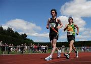 23 July 2011; Ryan Cleary, Clonliffe Harriers A.C., Co. Dublin, starts his final lap ahead of Gary Turlough, Annalee A.C., Co. Cavan, during the U-17 Boy's 3000m Walk during the Woodie's DIY Juvenile Track and Field Championships of Ireland, Tullamore Harriers, Tullamore, Co. Offaly. Picture credit: Barry Cregg / SPORTSFILE
