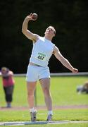 23 July 2011; Oliver Jageur, Naas A.C., Co. Kildare, throws his final shot to win the U-17 Boy's Shot Putt during the Woodie's DIY Juvenile Track and Field Championships of Ireland, Tullamore Harriers, Tullamore, Co. Offaly. Picture credit: Barry Cregg / SPORTSFILE