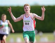 23 July 2011; Kieran Elliott, North Sligo A.C., Co. Sligo, celebrates after crossing the line to win the U-17 Boy's 200m Final, during the Woodie's DIY Juvenile Track and Field Championships of Ireland, Tullamore Harriers, Tullamore, Co. Offaly. Picture credit: Barry Cregg / SPORTSFILE