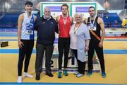 18 February 2017; Medallists in the Men's Triple Jump, from left, silver medallist Jordan Hoang, Tullamore Harriers AC, Offaly, gold medallist Antony Daffurn, St Ronan's AC, Galway and bronze medallist Niall Counihan, Clonliffe Harriers AC, Dublin with John Cronin, Event Director, and Georgina Drumm, President, Athletics Ireland, during the Irish Life Health National Senior Indoor Championships at the Sport Ireland National Indoor Arena in Abbotstown, Dublin. Photo by Brendan Moran/Sportsfile