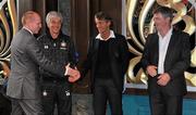 29 July 2011; Glasgow Celtic manager Neil Lennon, left, meets fellow managers, from left, Gian Piero Gasperini, Inter Milan, Roberto Mancini, Manchester City and Damien Richardson, Airtricity League, at the Dublin Super Cup Launch Party. Cafe en Seine, Dawson St, Dublin. Picture credit: Brendan Moran / SPORTSFILE