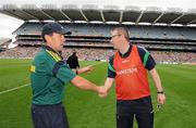 31 July 2011; Kerry manager Jack O'Connor, left, and Limerick manager Maurice Horan exchange a handshake after the game. GAA Football All-Ireland Senior Championship Quarter-Final, Kerry v Limerick, Croke Park, Dublin. Picture credit: Diarmuid Greene / SPORTSFILE