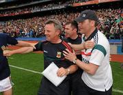 31 July 2011; Mayo manager James Horan, right, is congratulated at the final whistle by Martin Connelly and Paul Jordan. GAA Football All-Ireland Senior Championship Quarter-Final, Mayo v Cork, Croke Park, Dublin. Picture credit: Oliver McVeigh / SPORTSFILE