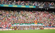 31 July 2011; The Mayo team stand together during the playing of the National Anthem. GAA Football All-Ireland Senior Championship Quarter-Final, Mayo v Cork, Croke Park, Dublin. Picture credit: Diarmuid Greene / SPORTSFILE