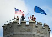 2 August 2011; Solheim Cup captains Rosie Jones, left, USA, and Alison Nicholas, Europe, with actors Rosarie Dunne and Raymond Balfe wearing 17th Century costumes from the Battle of the Boyne Visitor Centre, at Killeen Castle, ahead of this week's Ladies Irish Open, supported by Fáilte Ireland. The captains were on hand to mark 50 days to the battle between Europe and the USA for The 2011 Solheim Cup which will take place at Killeen Castle this September 23-25 next. Killeen Castle, Dunsany, Co. Meath. Picture credit: Brendan Moran / SPORTSFILE