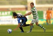 2 August 2011; Christan Bolanos, FC Copenhagen, in action against Pat Sullivan, Shamrock Rovers. UEFA Champions League Third Qualifying Round - 2nd Leg, Shamrock Rovers v FC Copenhagen, Tallaght Stadium, Tallaght, Dublin. Photo by Sportsfile