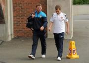 4 August 2011; St Patrick's Athletic FC players David Mulcahy, left, and Derek Pender, right, on their arrival at Tallaght Stadium before the game. UEFA Europa League, Third Qualifying Round, 2nd Leg, St Patrick's Athletic FC v FC Karpaty Lviv, Tallaght Stadium, Tallaght, Dublin. Picture credit: Pat Murphy / SPORTSFILE