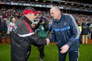 6 August 2011;  Dublin manager Pat Gilroy, right, shakes hands with Tyrone manager Mickey Harte at the end of the game. GAA Football All-Ireland Senior Championship Quarter-Final, Dublin v Tyrone, Croke Park, Dublin. Picture credit: David Maher / SPORTSFILE