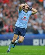 6 August 2011; Bernard Brogan, Dublin, holds his head after his shot was saved by Pascal McConnell, Tyrone. GAA Football All-Ireland Senior Championship Quarter-Final, Dublin v Tyrone, Croke Park, Dublin. Picture credit: David Maher / SPORTSFILE