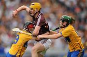 7 August 2011; Jonathan Glynn, Galway, in action against Damien Moloney, left, and Martin Moroney, Clare. GAA Hurling All-Ireland Minor Championship Semi-Final, Clare v Galway, Croke Park, Dublin. Picture credit: Stephen McCarthy / SPORTSFILE