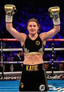 4 March 2017; Katie Taylor celebrates after winning her super-featherweight bout against Monica Gentili at the O2 Arena in London, England. Photo by Lawrence Lustig/Sportsfile