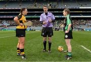 5 March 2017; Captains Niamh Quirke of Myshall, left and Ciara McGready of Eglish, with referee Ray Kelly during the coin toss prior the AIB All-Ireland Intermediate Camogie Club Championship Final game between Myshall and Eglish at Croke Park in Dublin. Photo by Seb Daly/Sportsfile