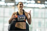 5 March 2017; Snezana Bechtina of Clonliffe Harriers, Co. Dublin, celebrates crossing the line after she won the womens 400m race during the Irish Life Health National Masters Indoor Championships 2017 at AIT International Arena, in Athlone, Co. Westmeath.  Photo by Eóin Noonan/Sportsfile