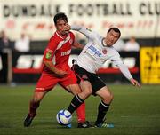 7 August 2011; Jason Byrne, Dundalk, in action against Gavin Peers, Sligo Rovers. Airtricity League Premier Division, Dundalk v Sligo Rovers, Oriel Park, Dundalk, Co. Louth. Picture credit: Oliver McVeigh / SPORTSFILE