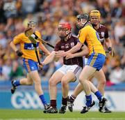 7 August 2011; Shane Maloney, Galway, is tackled by Jamie Shanahan, Clare. GAA Hurling All-Ireland Minor Championship Semi-Final, Clare v Galway, Croke Park, Dublin. Picture credit: Ray McManus / SPORTSFILE