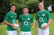 8 August 2011; Ireland's Jonathan Sexton, left, Brian O'Driscoll, and Paul O'Connell, right, at the announcement by O2 and the Irish Rugby Football Union that they have renewed their sucessful partnership arrangement, which will see O2 continue as sponsor of the Ireland rugby team until 2016. Ireland Rugby Football Union Announcement, Carton House, Maynooth, Co. Kildare. Photo by Sportsfile