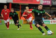 9 August 2011; Robbie Brady, Republic of Ireland, shoots to score his side's winning goal, from a penalty. U21 International Friendly, Republic of Ireland v Austria, The Showgrounds, Sligo. Picture credit: Stephen McCarthy / SPORTSFILE