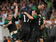 9 August 2011; Republic of Ireland players celebrate after Robbie Brady, hidden, scored his side's winning goal, from a penalty. U21 International Friendly, Republic of Ireland v Austria, The Showgrounds, Sligo. Picture credit: Stephen McCarthy / SPORTSFILE