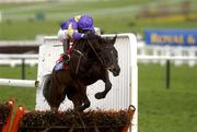 13 March 2002; Ilnamar with Robbie Greene up, jumps the last and goes on to win the Coral Eurobet Cup Handicap Hurdle Raceduring Day Two of the Cheltenham Racing Festival at Prestbury Park in Cheltenham, England. Photo by Matt Browne/Sportsfile