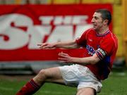 17 March 2002; Eoin Heary of Shelbourne celebrates after scoring his sides second goal during the Eircom League Premier Division match between Shelbourne and Shamrock Rovers at Tolka Park in Dublin. Photo by David Maher/Sportsfile