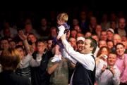 24 March 2002; John Higgins pictured with his son Pearse after winning the Irish Snooker Masters Championship Final match between Peter Ebdon and John Higgins at the Citywest Hotel in Saggart, Dublin. Photo by Brendan Moran/Sportsfile