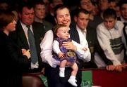 24 March 2002; John Higgins pictured with his son Pearse and his wife Denise after winning the Irish Snooker Masters Championship Final match between Peter Ebdon and John Higgins at the Citywest Hotel in Saggart, Dublin. Photo by Brendan Moran/Sportsfile